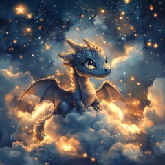 Wall Mural - A cute dragon resting on clouds under a starry sky.