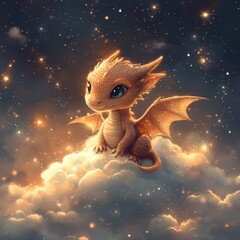 Wall Mural - A cute dragon sitting on a cloud amidst a starry sky.