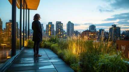 Wall Mural - Woman Looking at City Skyline from Rooftop Terrace.