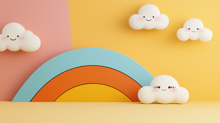 Wall Mural - Whimsical rainbow hills with floating clouds featuring cheerful faces create playful and vibrant atmosphere. This colorful scene is perfect for childrens decor or playful designs