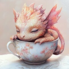 Poster - A cute dragon sleeping in a floral teacup.