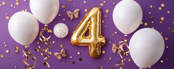 Sticker - Gold Number 4 Balloon With White Balloons and Confetti on Purple Background.