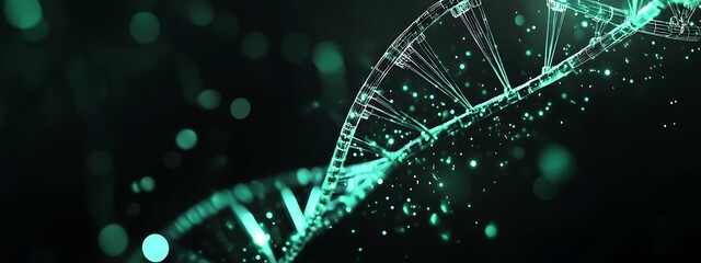 Aufkleber - A glowing green DNA strand with a bokeh background