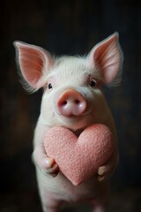 Canvas Print - A cute piglet holding a heart-shaped object, conveying affection.