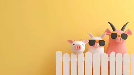 Wall Mural - Funny farm scene with animals wearing sunglasses, including pig, goat, and sheep, against vibrant yellow background. playful atmosphere adds cheerful touch to image