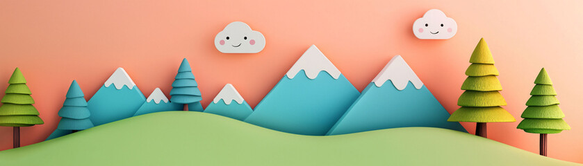 Wall Mural - A whimsical mountain landscape featuring playful trees and cheerful clouds creates delightful scene. vibrant colors and friendly shapes evoke sense of joy and imagination