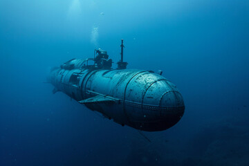 Beautiful large bathyscaphe floating in middle of ocean during exploration