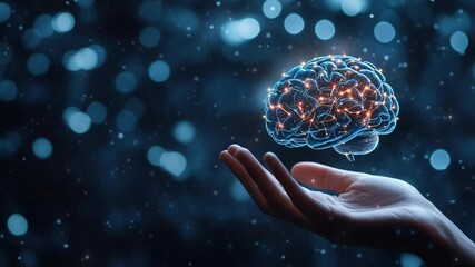 Poster - Technology and innovation concept. Artificial Intelligence and neural networks. Hand holding a digital brain with network connections. Futuristic digital brain. Smart Brain. Hologram brain
