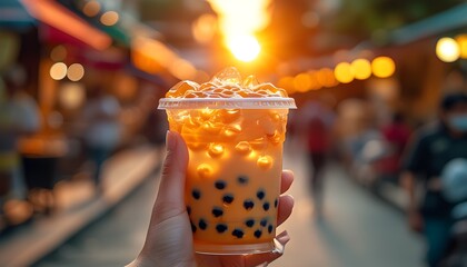 Wall Mural - Vibrant bubble tea advertisement featuring hand-held cup against a lively street backdrop at sunset, showcasing soft shadows and clean sharp focus