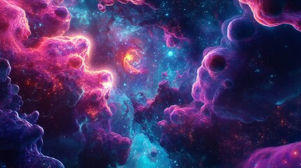 A captivating psychedelic space environment with floating, neon-lit star clusters and swirling cosmic gases. 