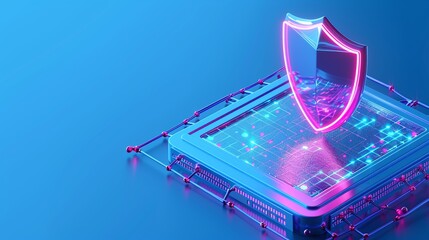 Poster - A vibrant digital shield symbolizing cybersecurity, surrounded by glowing data patterns, representing protection in a tech-driven world.