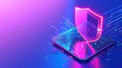 Poster - A vibrant digital shield symbolizing cybersecurity, glowing on a tech-inspired background, representing protection and innovation.