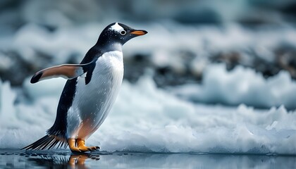 Elegant penguin with raised flipper against a stunning icy backdrop, featuring beautiful bokeh and high-resolution detail