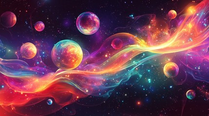 a fantastical psychedelic space backdrop with luminescent, floating orbs and interstellar waves of c