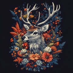 Canvas Print - A detailed illustration of a deer surrounded by vibrant flowers.