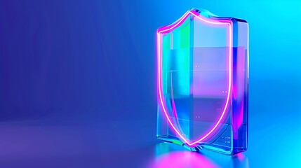 Sticker - A vibrant neon shield design representing protection and security, glowing in purple and blue against a sleek background.