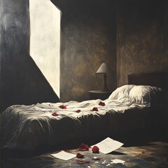 Sticker - A dimly lit bedroom with scattered rose petals and crumpled papers.