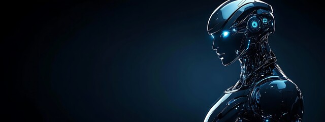 Fototapete - A Profile of a Futuristic Robot with Glowing Blue Eyes