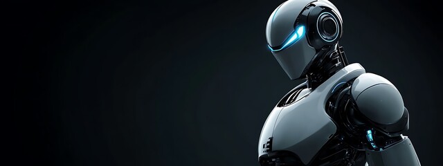 Fototapete - White humanoid robot with glowing blue eyes and sleek design.