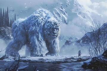 Wall Mural - Huge fantasy yeti character in beautiful outdoor nature background