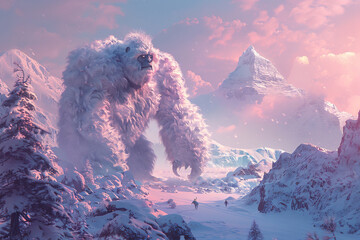 Wall Mural - Huge fantasy yeti character in beautiful outdoor nature background