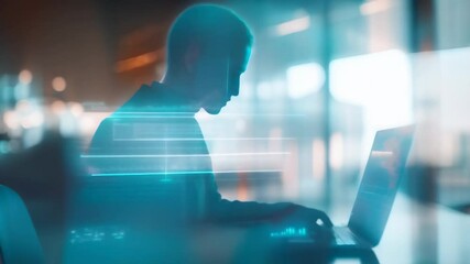 Aufkleber - Focused young businessman working on laptop in a modern office setting.