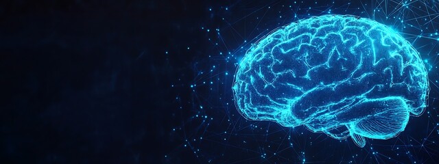 Poster - A Digital Representation of a Human Brain with a Blue Glow and Connecting Lines