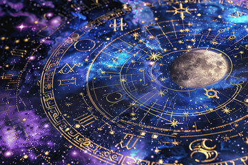 Astrological composition with zodiac circle in signs and symbols