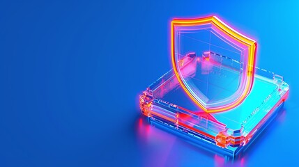 Poster - a vibrant neon shield symbolizing digital security and protection against cyber threats on a blue ba