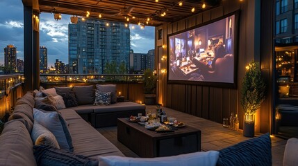 Canvas Print - Outdoor Movie Night with City Skyline View