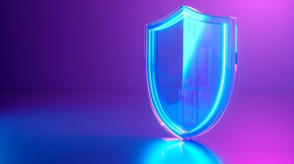 Wall Mural - A vibrant neon shield symbolizing protection and security, illuminated with striking blue and purple lights on a reflective surface.