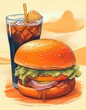 © stéphane huvé - Hand drawn illustration Burger with a glass of soda