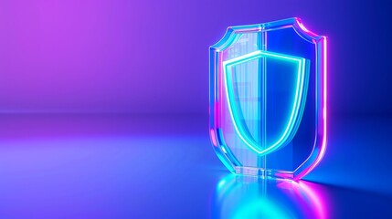 Sticker - A vibrant neon shield symbolizing protection and security in a modern digital world, set against a glowing purple backdrop.