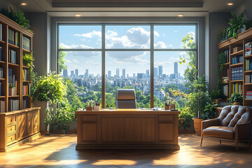 Wall Mural - Modern office with a large window overlooking a city skyline and a desk with a leather chair.