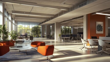 Poster - Create a 3D architectural visualization of a high-tech office building, highlighting modern design, open spaces, and cutting-edge technology.