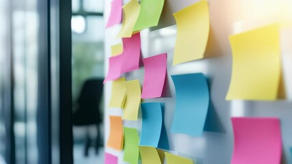 Poster - Colorful sticky notes on a glass wall in a modern office space. Collaborative brainstorming session for business solutions.