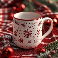 Canvas Print - A festive mug adorned with snowflake designs on a cozy background.