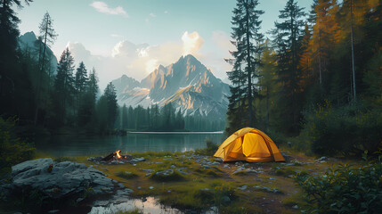 camping tent in the forest.summer camp with bonfire, tent, backpack . landscape with mountain, fores
