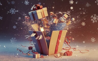 Generative-AI, Boxing Day Gift Box Explosion with Festive Sparkles and Ribbons