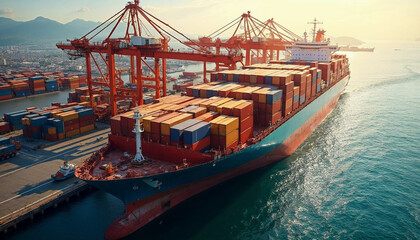 Aerial view of a container ship at a busy port, ideal for a global trade promotional ad.






