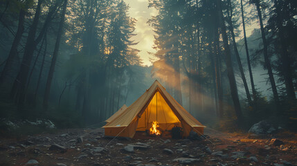 camping tent in the forest.summer camp with bonfire, tent, backpack . landscape with mountain, fores