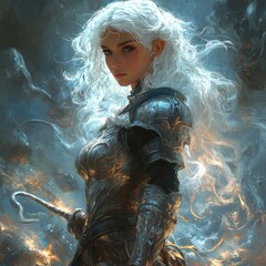 Canvas Print - A fierce warrior with white hair in shining armor, ready for battle.