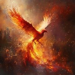 Canvas Print - A fiery phoenix rising amidst vibrant flames and glowing embers.