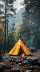 camping tent in the forest.summer camp with bonfire, tent, backpack . landscape with mountain, fores