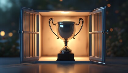 Victorious trophy within open cage illuminated by soft evening light, showcasing unique hyper-realistic illustrations and sharp focus on back view