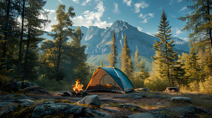 camping tent in the forest.Summer camp with bonfire, tent, backpack . landscape with mountain, forest and campsite.