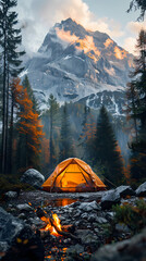 camping tent in the forest.summer camp with bonfire, tent, backpack . landscape with mountain, fores