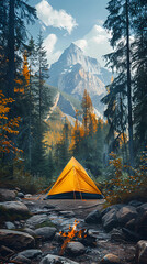 camping tent in the forest.summer camp with bonfire, tent, backpack . landscape with mountain, fores