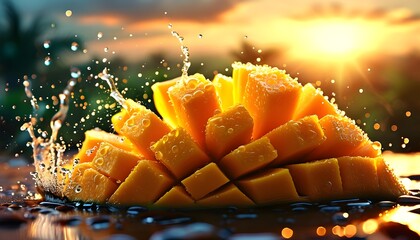 Vibrant mango slice adorned with dew drops, radiating freshness under a warm sunrise glow