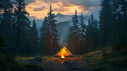 camping tent in the forest.Summer camp with bonfire, tent, backpack . landscape with mountain, forest and campsite.